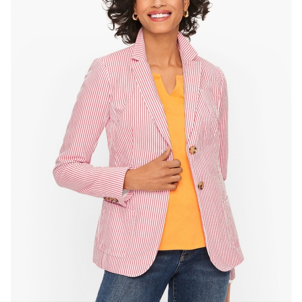 Talbots women blazers size 4 long sleeves blue and white button